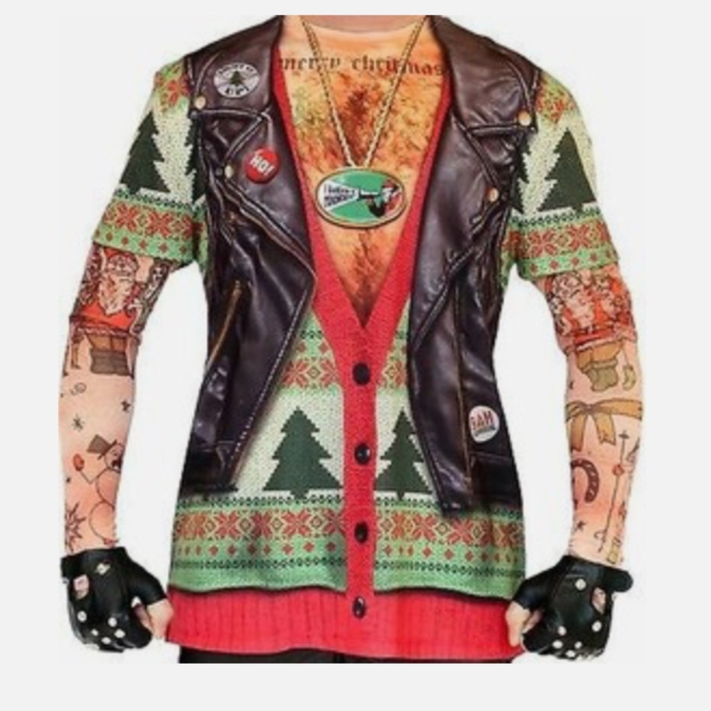 Faux Real Ugly Christmas Sweater Look Xmas Biker Tattoo Long Sleeve Shirt  LBT